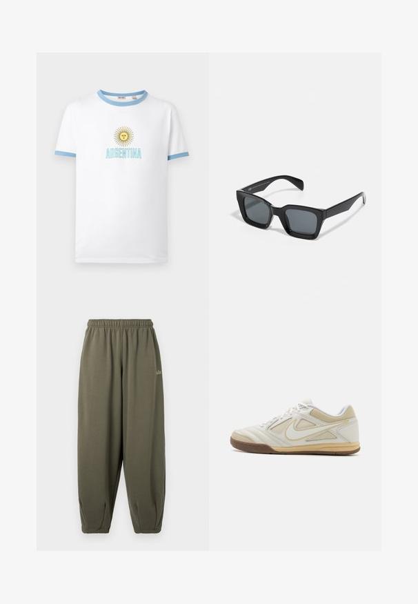 Hvid T-shirt med lyseblå krave og ærmekanter, med en gul sol med ansigt og teksten "ARGENTINA" i lyseblåt nedenunder.; Grågrønne sweatpants med elastisk talje og manchetter. Har minimal branding i matchende tråd på siden. Blød tekstur.; Hvid atletisk sko med en struktureret overdel, grå accenter, snørebånd og en tan gummisål. Har et karakteristisk logo på siden.; Sorte rektangulære solbriller med mørke linser. Plastisk stel med højglans finish, der har en bred næsebro og let tilspidsede arme.