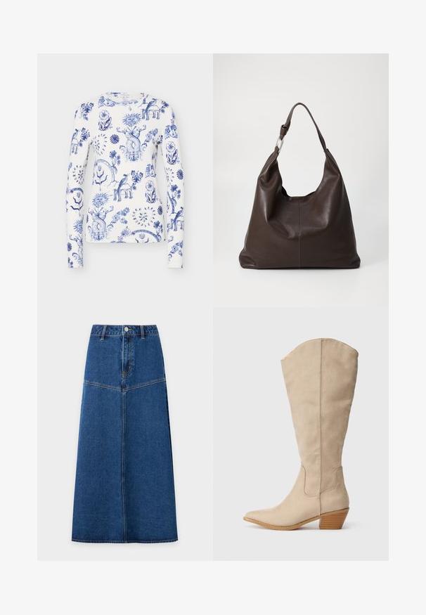 Hvid skjorte med lange ærmer med blå indviklede blomster-, sol-, hjerte-, fugle- og fantasifulde mytiske væsenmønstre over stoffet.; Blå denim midi nederdel med knapper foran og sømdetaljer, let udvidet fra taljen til kanten mod hvid baggrund.; Beige ruskind støvle der går op til knæet, med spids tå, stablet hæl og synlige sømdetaljer. Glat tekstur med simpelt design.; Zign by Zalando LEATHER - Shopping bags - chocolate brown
