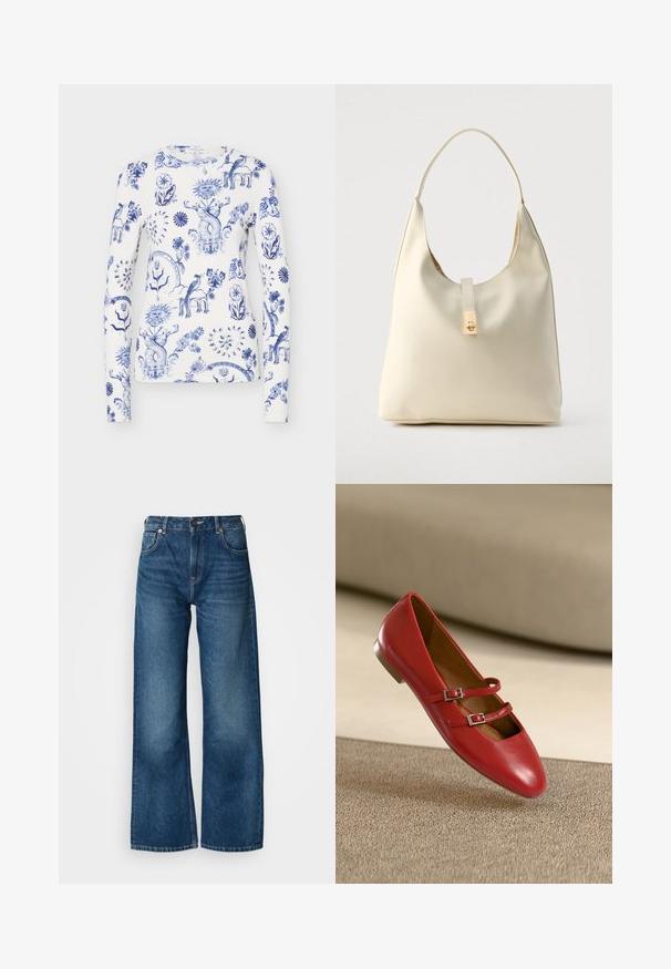Chemise blanche à manches longues avec des motifs bleus complexes de fleurs, soleil, cœur, oiseau et créatures mythiques fantaisistes sur toute la surface du tissu.; Jean large bleu en denim, avec un design à cinq poches, fermeture par bouton, et un léger effet délavé sur le tissu.; Ballerine en cuir rouge avec deux brides ajustables ornées de boucles argentées. Bout arrondi et petit talon marron texturé.; Sac hobo en cuir couleur crème avec une seule bandoulière, texture lisse et un détail de fermoir doré à l'avant.