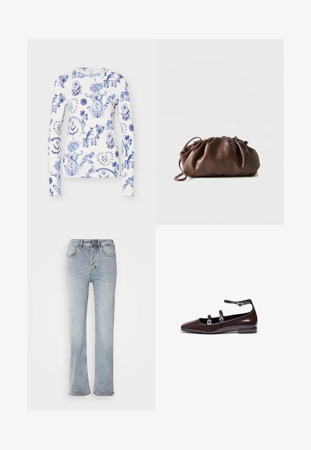 Hvid skjorte med lange ærmer med blå indviklede blomster-, sol-, hjerte-, fugle- og fantasifulde mytiske væsenmønstre over stoffet.; Lysblå denimjeans med høj talje, lige ben-design og en let udskæring ved kanten. Har syninger som accent og en lynlås foran.; Brune patentlæder flade sko med spids tå, der har to justerbare stropper og sølvspænder samt en lav, firkantet hæl.; Blød brun læderpung med samlet top og tynd strop, hvilende på hvid baggrund.
