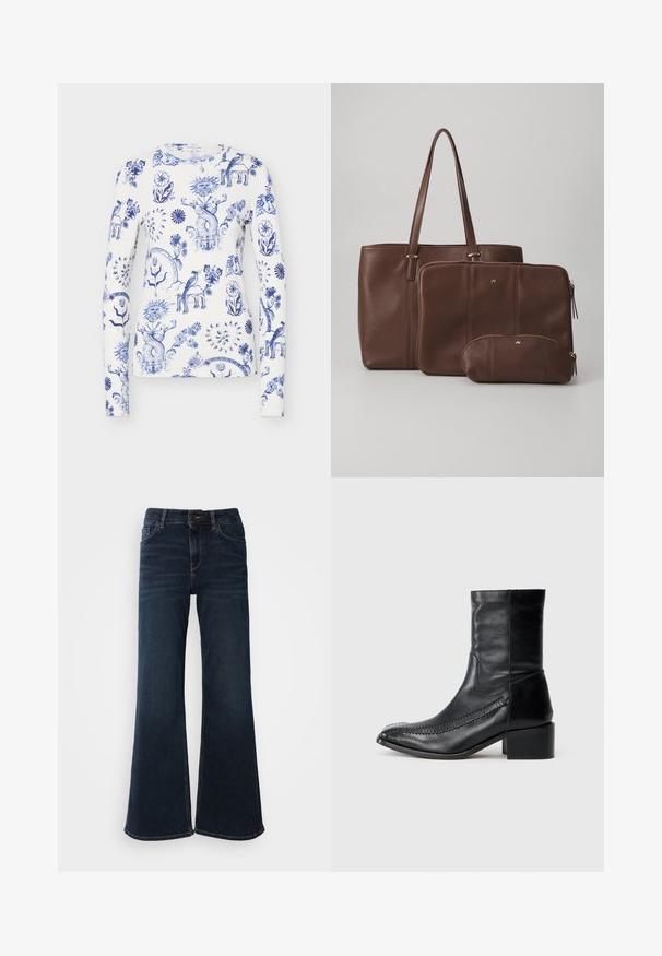 Witte lange mouw blouse met blauwe ingewikkelde bloem-, zon-, hart-, vogel- en speelse mythische wezenspatronen over de stof.; Mos Mosh HERA - Flared Jeans - dark blue; Zwarte leren enkellaarsjes met een spitse neus, decoratieve stiksels aan de zijkant en een stevige vierkante hak. Glad van textuur, minimalistisch ontwerp.; Bruine leren schoudertas met twee bijpassende pouches; de tas heeft lange hengsels, terwijl de pouches met rits zijn en in verschillende maten komen. Gouden accenten zijn inbegrepen.
