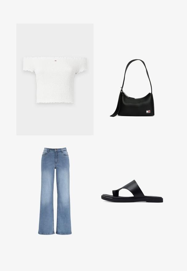 Witte off-the-shoulder top met een gesmokte textuur, ruches aan de randen en een klein merkembleem aan de voorkant. Zachte, rekbare stof.; Lichtblauwe wijde spijkerbroek van denim. Voorzien van een knoopsluiting, vijf zakken en stiksels. Gladde textuur met een lichte vervaging.; Zwarte instapsandaal met brede band en open teenontwerp, voorzien van een platte zool en minimale stikseldetails.; Zwarte handtas van synthetisch leer met een gebogen vorm, verstelbare schouderriem en zilveren ritssluiting. Heeft een klein logo aan de onderkant.