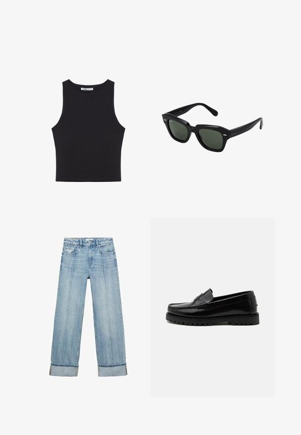 Schwarzes ärmelloses, kurzes Tanktop mit rundem Ausschnitt, geradem Saum und einem kleinen Markenlabel an der Innenseite des Kragens.; Hellblaue Denim-Jeans im weiten Schnitt mit hoher Taille, ausgestattet mit fünf Taschen, sichtbaren Nähten und umgeschlagenen Säumen an den Bündchen.; Schwarzer glänzender Lederloafer mit grober Profilsohle und Pennyriemen, von der Seite auf hellem, einfarbigem Hintergrund gezeigt.; Schwarze quadratische Sonnenbrillen mit dunkelgrünen Gläsern, ausgestattet mit markanten Rahmen und silbernen Akzenten an den Seiten. Hergestellt in Italien.