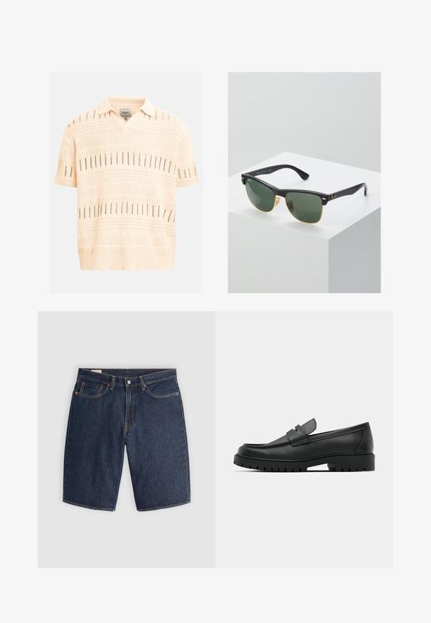 Polo de punto color crema de manga corta con patrones de tejido abierto texturizados y cuello y dobladillo acanalados.; Pantalones cortos de mezclilla en azul oscuro, con un diseño clásico que incluye cinco bolsillos, costuras cosidas, cierre de botón y bolsillos traseros curvados.; Mocasines de cuero negro con punta redonda, que cuentan con un diseño cosido, suela de plataforma baja y una suela de goma texturada y con tacos.; Gafas de sol Ray-Ban con lentes verdes, montura de plástico negro y acentos dorados en los bordes. Forma cuadrada con acabado mate.