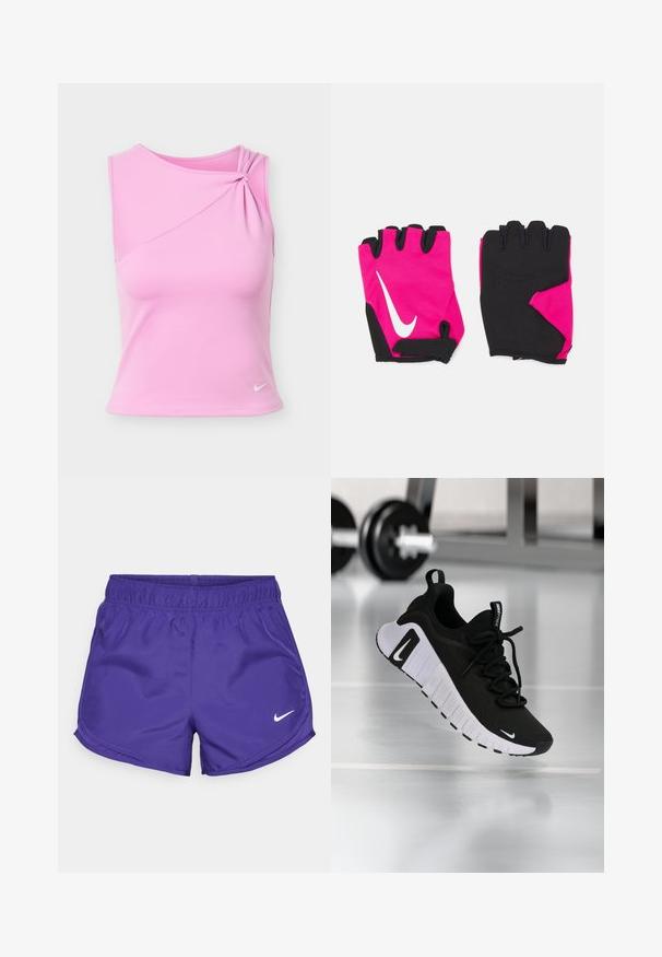 Ružový atletický top bez rukávov s detailom skrúteného uzla na jednom ramene a malým bielym logom Nike pri leme.; Fialové športové šortky vyrobené z hladkej látky, s elastickým pásom a bielym logom Nike na spodnej pravej strane.; Čierna športová obuv s textúrovaným horným materiálom, bielou podrážkou a výrazným systémom šnurovania. Obsahuje logo Nike a má mäkký, tlmený dizajn.; Krátke ružové rukavice s čiernymi akcentmi, vybavené bielym logom Nike, polstrovanými dlaňami a bezprstovým dizajnom pre lepší úchop a flexibilitu.