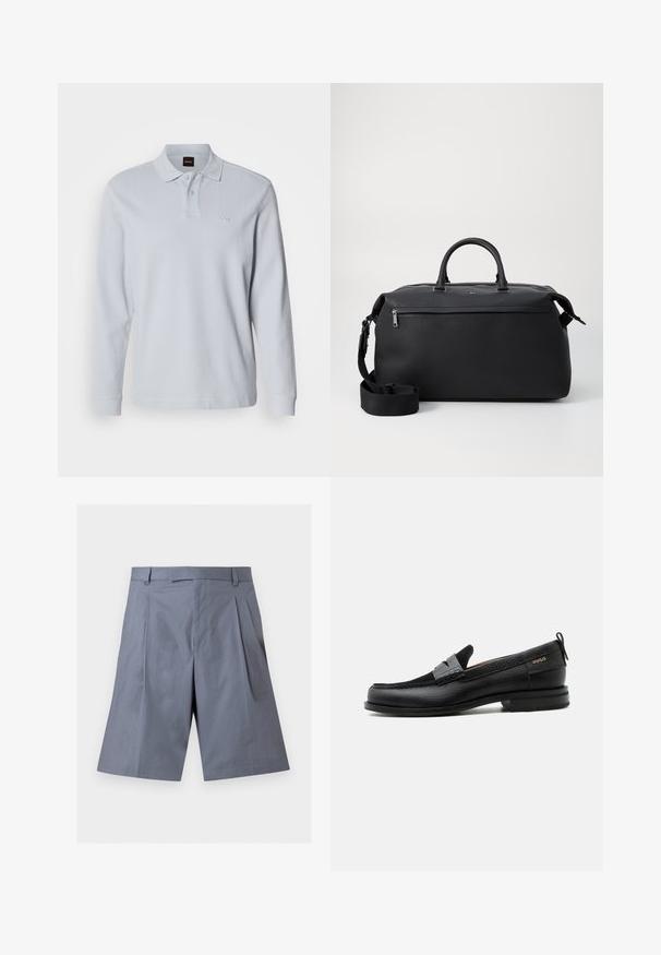Polo à manches longues bleu clair en tissu côtelé, avec un col et une patte de boutonnage à trois boutons, orné d'une broderie de logo discrète.; Shorts gris longueur genou avec passants de ceinture, plis avant et fermeture éclair dissimulée, présentés sur un fond blanc uni.; Mocassin en cuir noir avec détail de bride grise, talon bas et semelle texturée, marqué "HUGO" en or sur le côté.; Sac de voyage en cuir noir avec deux poignées supérieures, une bandoulière amovible et une poche avant zippée pour un espace de rangement supplémentaire.