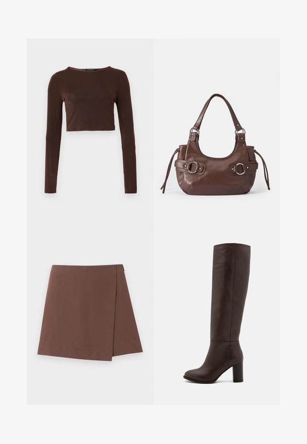 Bruine langarm cropped top gemaakt van een glad materiaal, met een ronde halslijn en een aansluitend ontwerp. Geen zichtbare patronen of accenten.; Bruine A-lijn rok met een subtiel detail van een overlappende voorkant, gemaakt van gladde stof, getoond tegen een effen lichte achtergrond.; Bruine leren kniehoog laars met een blokhak, gladde textuur, ronde neus en minimale stikseldetails.; Bruine leren handtas met ronde vorm, zilveren hardware, twee zijriemen en een gladde textuur. Beschikt over een enkele handgreep aan de bovenkant.