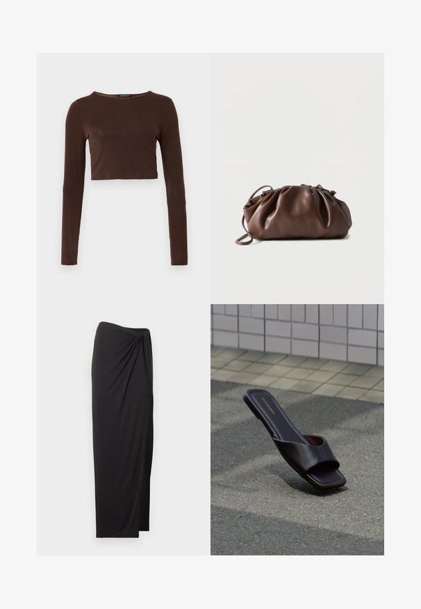 Brun langærmet cropped top lavet af glat materiale, med en rund halsudskæring og tætsiddende design. Ingen synlige mønstre eller accenter.; Sort maxinederdel med høj talje med draperede detaljer på den ene side og sideslids, lavet af letvægtsstof.; Mørkebrun sandal med åben tå, firkantet tå og bred rem, hvilende på grå asfalt nær flisebelagt fortov.; Blød brun læderpung med samlet top og tynd strop, hvilende på hvid baggrund.
