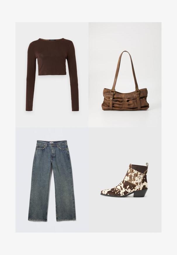 Hnedý dlhý rukáv cropped top vyrobený z hladkého materiálu, s okrúhlym výstrihom a priliehavým strihom. Bez viditeľných vzorov alebo akcentov.; Modré široké rifľové nohavice s vysokým pásom, päťvreckovým dizajnom a jemným ošúchaním na látke. Na páse je viditeľná značka značky.; Kovbojské kotníkové boty vyrobené z hnědé a krémové kožešiny, s špičatou špičkou, nízkým podpatkem a žebrovaným detailem na bocích.; Even&Odd Kabelka - brown