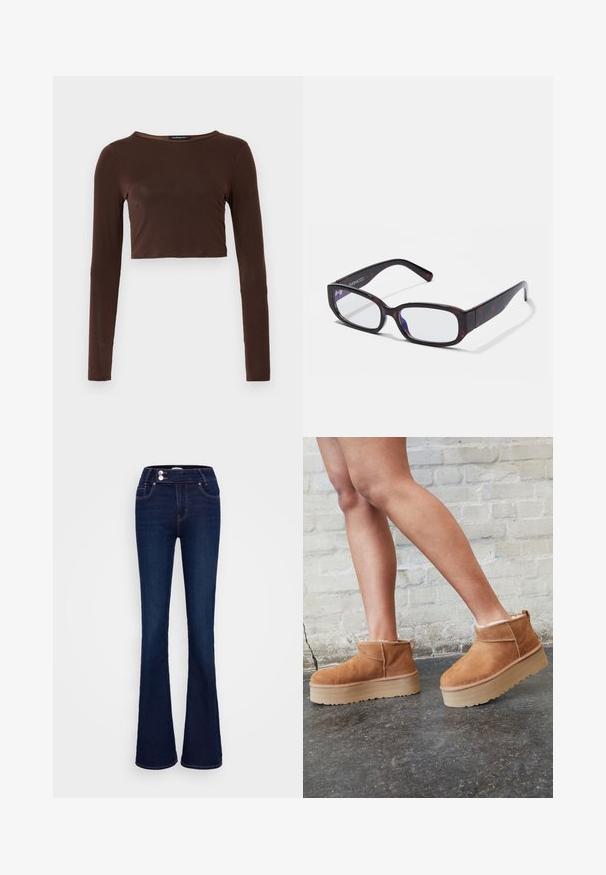 Brun langærmet cropped top lavet af glat materiale, med en rund halsudskæring og tætsiddende design. Ingen synlige mønstre eller accenter.; Mørkeblå jeans med vidde, lavet af denim, med høj talje, to forlommer og lynlås- og knaplukning med kontrastsyning.; Brune ruskinds ankelsko med en blød foring, tyk beige plattformsål og en bageste løkke. Tekstureret overflade med synlige sømdetaljer.; Brune skildpadde-rektangulære briller med klare linser og slanke arme, der viser en glat tekstur og minimalistisk design.