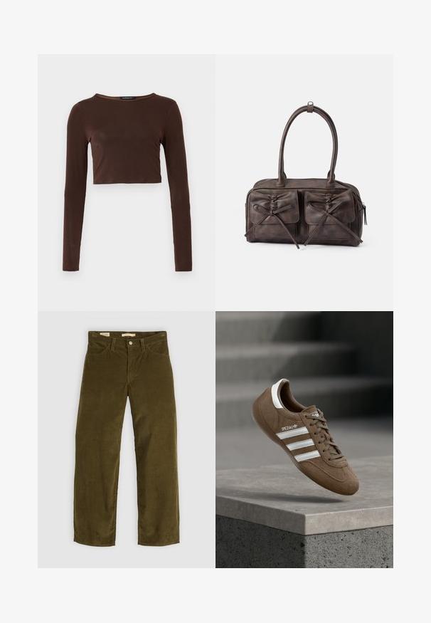 Brun langærmet cropped top lavet af glat materiale, med en rund halsudskæring og tætsiddende design. Ingen synlige mønstre eller accenter.; Oliven grøn corduroy bukser med lige ben design, der har forlommer og knaplukning, med en vertikal ribbet tekstur.; Brun ruskind Adidas Spezial sneaker med hvide striber og snørebånd, svævende over en grå betonkantring mod en sløret baggrund af trapper.; Brun læder håndtaske med to forlommer der har snore, rundede håndtag og lynlåslukning. Glat tekstur med en subtil glans.