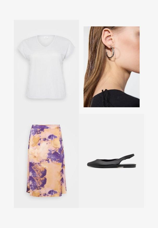 T-shirt blanc à manches courtes et en V avec une texture scintillante subtile, offrant une coupe décontractée et sans motifs ni accents visibles.; Jupe midi en tie-dye violet et orange en tissu doux, avec une forme évasée et une texture subtile, dotée d'une taille lisse et d'un design fluide.; Chaussure à talon slingback en cuir noir avec un bout pointu, un talon plat et un design découpé incurvé. Texture lisse et style minimaliste.; Boucle d'oreille en argent avec une finition polie, présentant de petits détails en or et de forme ronde, portée sur le lobe.