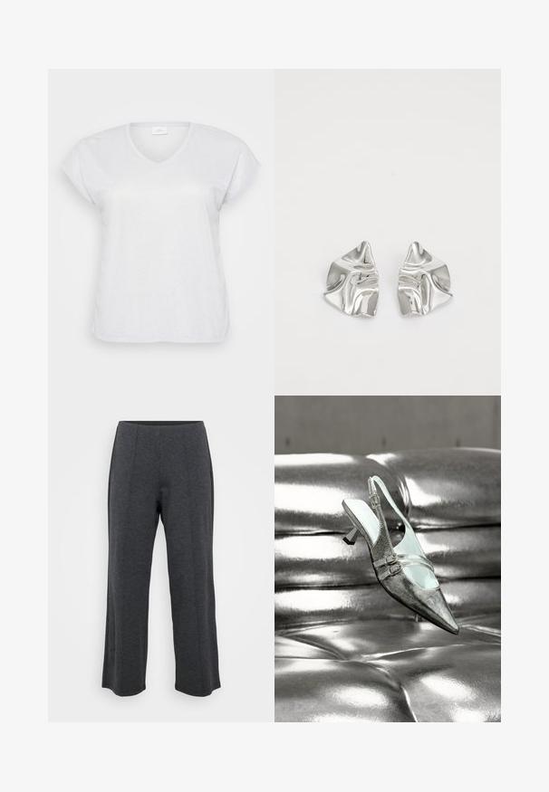T-shirt blanc à manches courtes et en V avec une texture scintillante subtile, offrant une coupe décontractée et sans motifs ni accents visibles.; Pantalons larges gris foncé fabriqués à partir d'un tissu doux et extensible. Comprend une ceinture lisse et un devant plat avec des plis subtils pour un détail supplémentaire.; Chaussure argentée à talon haut avec bride arrière et deux boucles, reposant sur une surface en cuir argenté brillante et capitonnée.; Boucles d'oreilles en métal argenté avec un design ondulé et sculptural, présentant une finition polie et des formes irrégulières, mettant en valeur une esthétique contemporaine.
