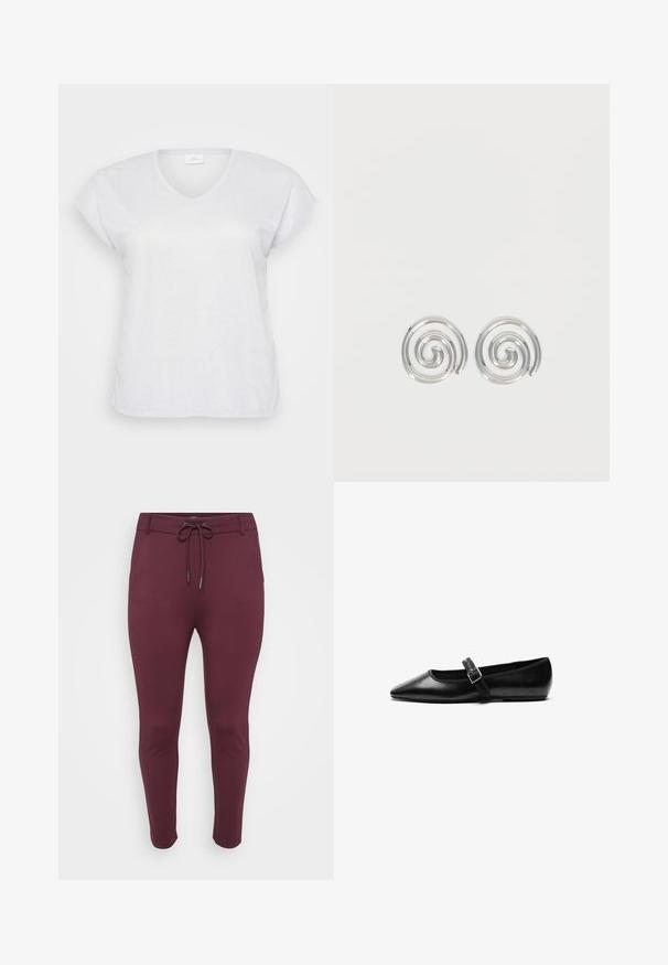 Camiseta blanca de manga corta y escote en V con una sutil textura brillante, que presenta un corte holgado y sin patrones ni acentos visibles.; Pantalones elásticos burdeos con cintura ajustable, que presentan un diseño ajustado y piernas ceñidas, exhibidos sobre un fondo blanco.; Zapato plano negro de cuero con punta afilada, correa ajustable con hebilla de metal, textura suave y diseño minimalista.; Par de pendientes de aro espiral plateados con diseño liso y redondeado sobre un fondo blanco liso.