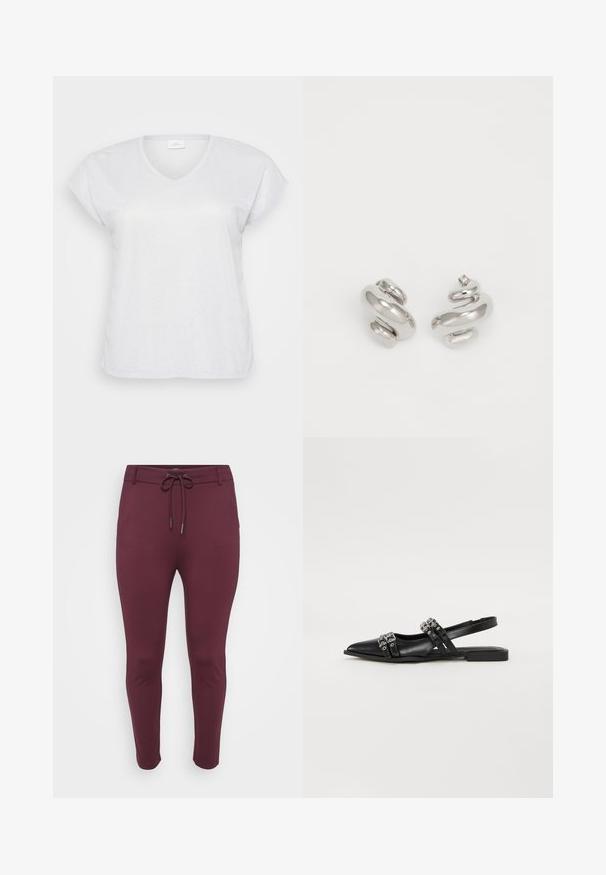 Witte korte mouwen V-hals T-shirt met een subtiele glanstextuur, met een ontspannen pasvorm en zonder zichtbare patronen of accenten.; Bordeaux, stretchy broek met een trekkoordtailleband, met een aangesloten ontwerp en taps toelopende benen, gepresenteerd tegen een witte achtergrond.; Even&Odd by Zalando Slingback ballerina´s - black; Zilveren hoepeloren met een spiraalontwerp. Gladde, reflecterende oppervlakte met kleine accentcurves. Compacte vorm die gemakkelijk te dragen is.