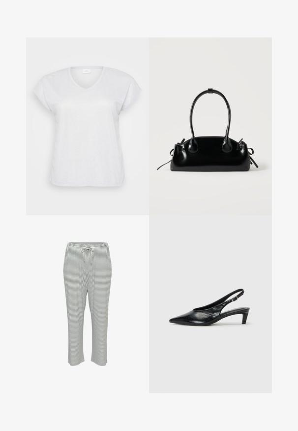 T-shirt blanc à manches courtes et en V avec une texture scintillante subtile, offrant une coupe décontractée et sans motifs ni accents visibles.; Pantalons de pyjama rayés avec une taille élastique et un cordon de serrage, fabriqués en tissu doux. Motif de couleur : rayures horizontales blanches et noires.; Escarpin à bride arrière en cuir noir avec un bout pointu, un petit talon et une sangle à boucle réglable. Texture lisse avec un minimalisme dans les détails.; Petit sac à main noir brillant avec deux longues anses et des détails à cordon sur les côtés sur un fond clair uni.