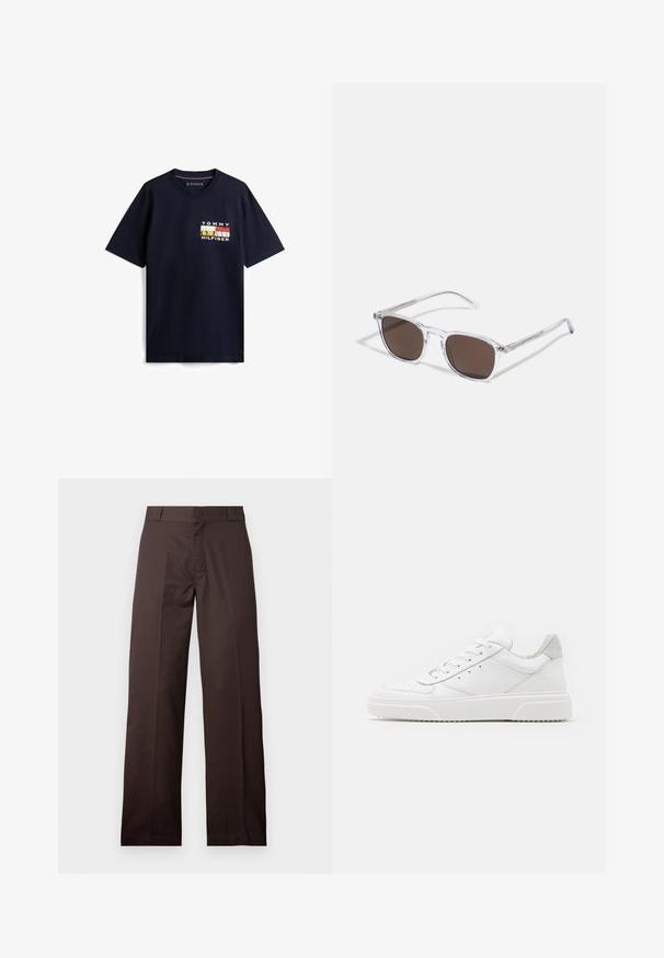 T-shirt en coton bleu marine avec un col rond, orné d'un logo multicolore sur la poitrine gauche. Manches courtes, coupe décontractée. Design minimaliste.; Pantalon marron droit avec passants de ceinture et fermeture éclair à l'avant, présenté sur un fond clair uni.; Des baskets en cuir blanc avec une finition lisse, un bout rond, des lacets plats et une semelle texturée. Accents en daim gris au niveau du talon.; Lunettes de soleil en plastique transparent avec des verres marron rectangulaires, dotées de branches fines et transparentes ainsi que d'accents en métal sur les tempes.