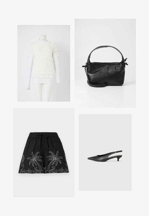 Hvid blonde top med korte ærmer og intrikate mønstre, lagdelt over en tætsiddende hvid skjorte med lange ærmer, præsenteret på en mannequin.; Sorte bomuldsshorts med elastisk linning og snøre. Har hvide broderede palmetræsmotiver langs kanten.; Sorte spidse slingback-sko lavet af glat læder. Har en tynd hæl og en spænde detalje på den justerbare rem.; Sort læderhåndtaske med et struktureret design, rund tophåndtag og aftagelig skulderrem. Den har en glat tekstur og en subtil glans.