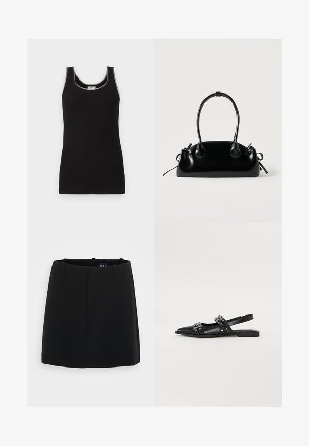 Débardeur noir à côtes sans manches avec encolure dégagée, présenté sur un fond gris clair uni.; Jupe noire avec une texture de tissu lisse, au design minimaliste, deux poches avant et une longueur mi-cuisse. Comprend des passants de ceinture à la taille.; Even&Odd by Zalando Ballerines à brides arrière - black; Petit sac à main noir brillant avec deux longues anses et des détails à cordon sur les côtés sur un fond clair uni.