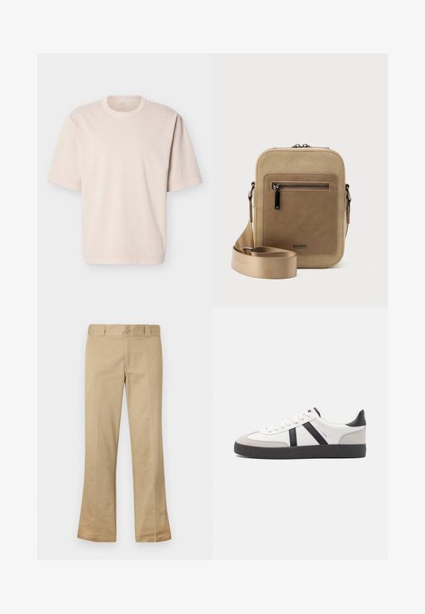 Beige oversized T-shirt met korte mouwen, ronde hals en eenvoudige stiknaden, plat uitgestald op een witte achtergrond.; Beige flarebroek gemaakt van een katoenen blend stof, voorzien van een knoopsluiting, riemlussen en een vlakke voorkant met een gladde textuur.; Witte sneaker met zwarte en grijze accenten, voorzien van een grijze neus met textuur, zwarte rubberen zool en platte witte veters. Schoon ontwerp, minimalistische stijl.; Kleine beige crossbodytas met een voorvak met ritssluiting, metalen ALDO-logo, verstelbare brede band en afgeronde rechthoekige vorm op een witte achtergrond.