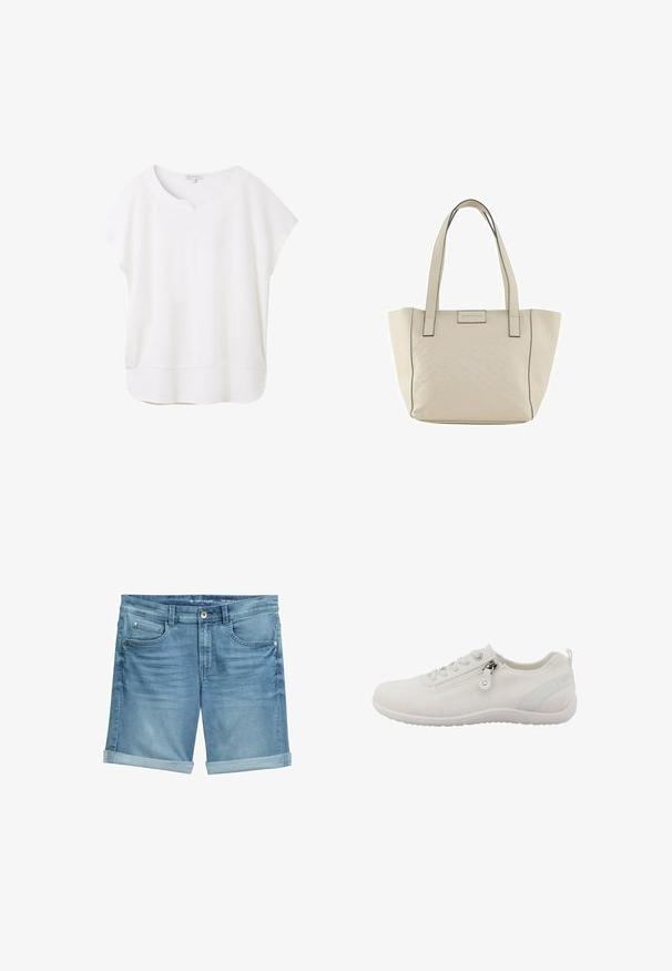Hvid kortærmet bluse lavet af blødt stof. Har en rund halsudskæring med en lille indsats og en let buet kant for en afslappet pasform.; Denimshorts i lyseblå med en falmet finish, udstyret med opsmøgede kanter, fem lomme-design og metalknaplukning i taljen.; Hvid atletiksko lavet af åndbart mesh-materiale. Har lynlås, struktureret overdel og fleksibel gummisål.; Beige tote bag med præget geometrisk mønster, dobbelte håndtag og sorte stikninger. Har et diskret logo på fronten.