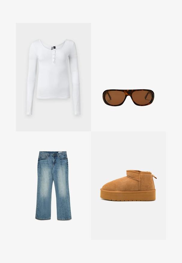 Hvid langærmet ribbet top med scoop-neck og fire knapper foran. Stoffet har en glat tekstur og en tætsiddende pasform.; Lysblå denim straight-leg jeans med en falmet finish, fem lommer og en standard talje. Har syningsdetaljer og metalnitter.; Brune suede ankelstøvler med en rund tå, lav skæring, og en tekstureret gummisål med en lille platform og et hængsel.; Rektangulære skildpadde-solbriller med brune tonede linser og en tyk ramme.