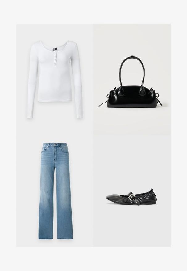 Hvid langærmet ribbet top med scoop-neck og fire knapper foran. Stoffet har en glat tekstur og en tætsiddende pasform.; Lyseblå højtaljede jeans med lige ben. Fremstillet af denim, med fem lommer og knaplukning.; Sorte læder flade sko med spids tå, samling detaljer omkring åbningen, og en sølv spænde accent på den justerbare rem.; Lille sort blank håndtaske med to lange håndtag og snøre-detaljer i siden på en ensfarvet lys baggrund.
