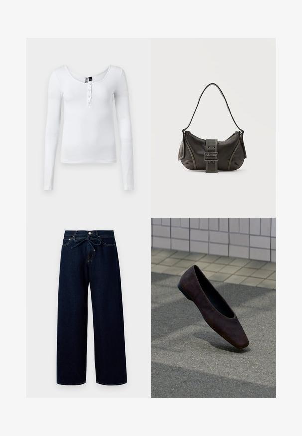 Weißes langärmliges, geripptes Oberteil mit Rundhalsausschnitt und vier Knöpfen auf der Vorderseite. Der Stoff hat eine glatte Textur und eine figurbetonte Passform.; Dunkelblaue, weit geschnittene Jeans aus Denim mit einem vorderen Knopfverschluss und einem Kordelzugbund, versehen mit kontrastierenden Nähten.; Ein einzelner dunkelbrauner flacher Schuh schwebt über einem strukturierten Boden vor einem Hintergrund mit gefliester Wand.; Schwarze Leder-Schultertasche mit Schnallengurt-Detail, abgerundeten Kanten und kontrastierenden weißen Nähten auf schlichtem Hintergrund.