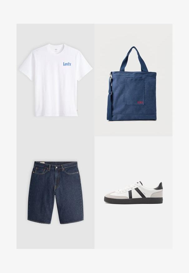 Camiseta blanca de manga corta y cuello redondo con pequeño logo azul de Levi's en el pecho izquierdo y una etiqueta roja de Levi's en el dobladillo lateral izquierdo.; Pantalones cortos de mezclilla en azul oscuro, con un diseño clásico que incluye cinco bolsillos, costuras cosidas, cierre de botón y bolsillos traseros curvados.; Zapatilla blanca con acentos en negro y gris, que presenta una puntera texturizada en gris, suela de goma negra y cordones planos blancos. Diseño limpio, estilo minimalista.; Bolso tote de lona azul con bolsillo frontal y bordado rojo "O.N.S", con asas dobles y una correa ajustable para el hombro.