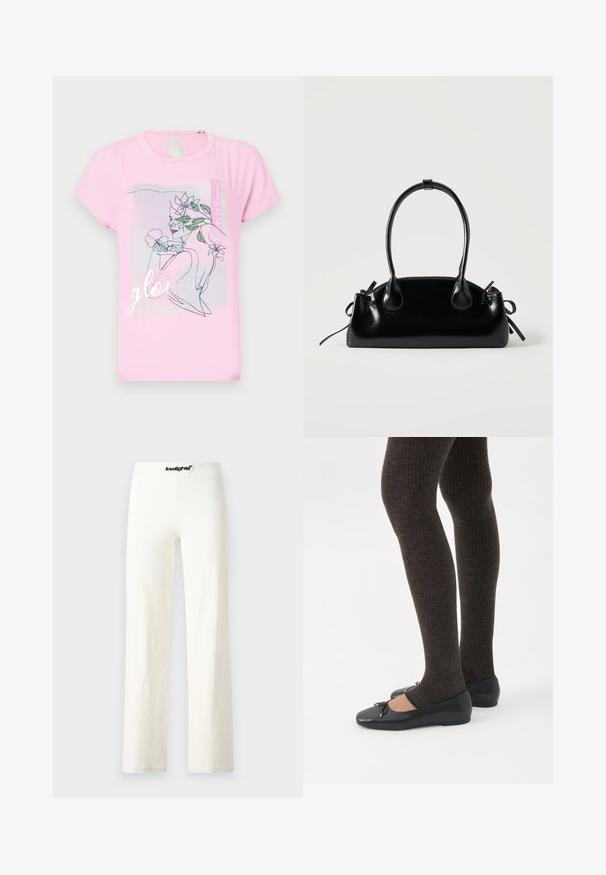 Roze t-shirt met korte mouwen, versierd met een bloemenontwerp en het woord "glowed" in zilver. Circulaire uitsnijding aan de achterkant. Zachte, gladde textuur.; Witte katoenen wijde broek met een gladde textuur, voorzien van een zwarte logoband en een eenvoudig, minimalistisch ontwerp.; Benen met donkere geribbelde leggings gecombineerd met zwarte ballerina's met kleine strikdetails op een witte achtergrond.; Kleine zwarte glanzende handtas met twee lange hengsels en zijkant trekkoord details op een effen lichte achtergrond.