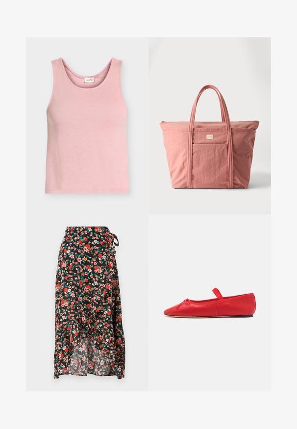 Lyserød ærmeløs ribstrikket tanktop med rund halsudskæring og lille indvendig mærkat bagpå.; Blomsterindpakningsnederdel med sort baggrund, røde og pink blomster, flæsekant, justerbar bindebånd i taljen og letvægtsstof.; Loeffler Randall LEONIE SOFT BALLET FLAT - Ballerinasko m/ rem - red; Stor blød lyserød stoftaske med to håndtag og en forlommer, sat op mod en ensfarvet lys baggrund.