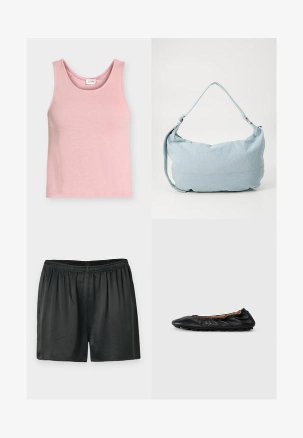 Hellrosa ärmelloses geripptes Stricktop mit rundem Ausschnitt und kleinem Innenlabel auf der Rückseite.; Schwarze Satinshorts mit elastischem Bund, die eine glatte Textur und eine lockere Passform bieten. Keine sichtbaren Taschen oder Verzierungen.; Schwarze Leder-Ballettschuhe mit gerafften Details am Kragen, runder Spitze und flexiblem Gummisohle. Ganze Oberfläche mit glatter Textur.; Hellblaue Denim-Schultertasche mit runder Form, verstellbarem Gürtel und subtilen Nähten am unteren Rand. Weiche Textur.