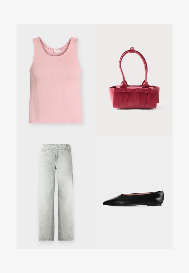Débardeur en maille côtelée rose clair sans manches avec encolure ronde et petite étiquette intérieure au dos.; Jeans gris clair à jambes larges en denim, avec une taille haute, un design cinq poches et une fermeture par bouton. Texture lisse avec une finition délavée.; Chaussure plate en cuir noir pour femme, avec bout pointu et petit talon, vue de côté sur un fond gris clair uni.; Sac à main en cuir rouge avec deux poignées supérieures, nœuds décoratifs à l'avant et une étiquette sur le côté, sur fond blanc.