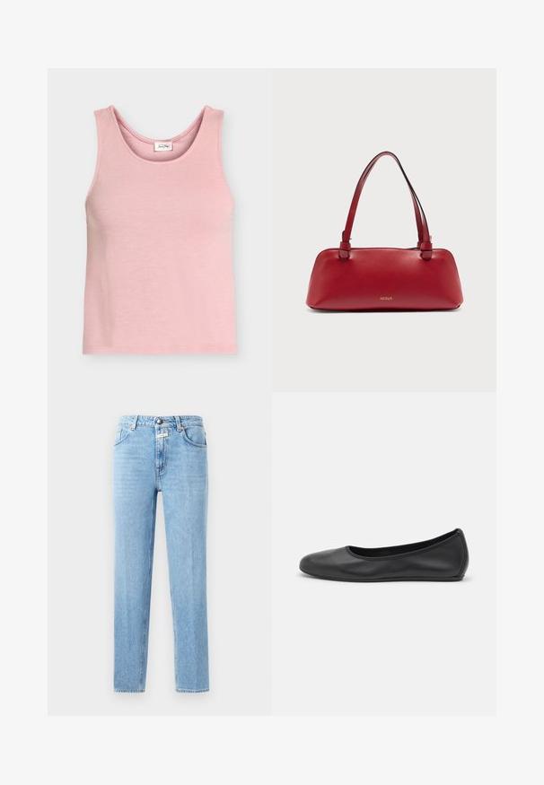 Lichtroze mouwloze geribbelde gebreide tanktop met ronde hals en klein binnenlabel aan de achterkant.; Lichtblauwe denim jeans met een rechte pijp, vijf-pocket ontwerp en metalen knoopsluiting. Gelaagd stof met minimale vervaging.; Zwarte leren ballerina met een ronde neus, gladde textuur, minimale stikdetails en een flexibele zoolontwerp.; Rode leren schoudertas met dubbele handvatten en een gouden "NEOUS" logo gecentreerd vlak bij de onderkant, afgebeeld op een effen witte achtergrond.