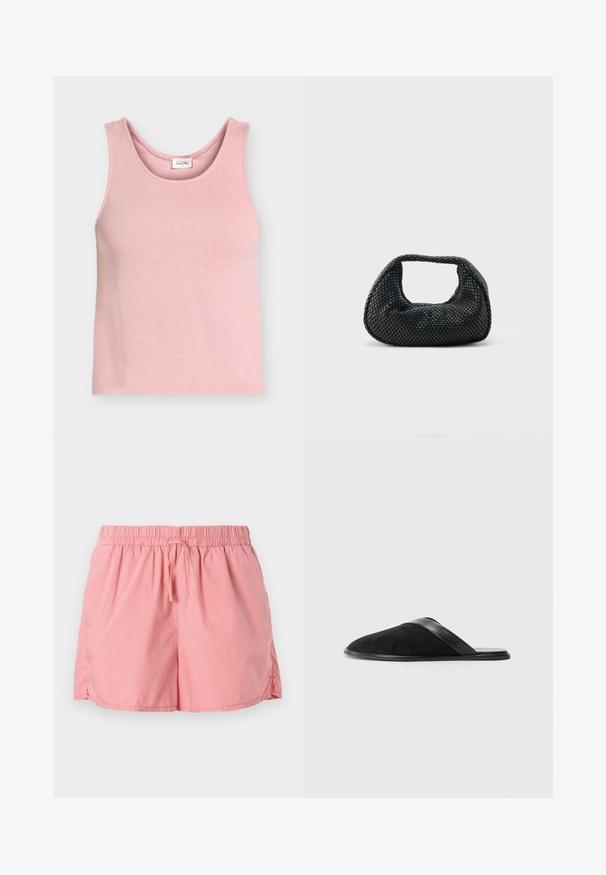 Débardeur en maille côtelée rose clair sans manches avec encolure ronde et petite étiquette intérieure au dos.; Shorts roses en tissu léger, dotés d'une ceinture élastique avec un cordon de serrage, fentes latérales pour faciliter les mouvements.; NEOUS ATIK - Mules - black; Sac hobo tissé noir avec une structure souple et une poignée intégrée, présenté sur un fond clair uni.