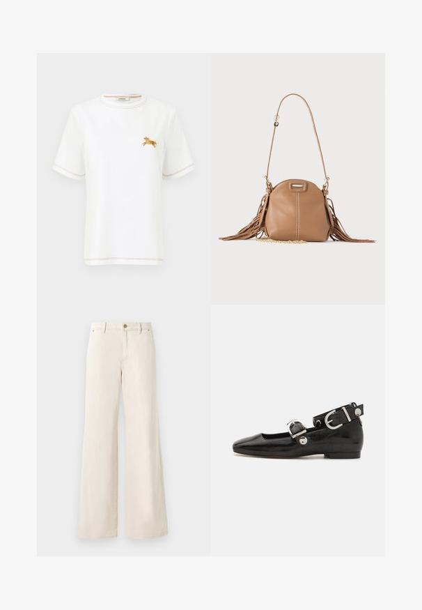 Wit T-shirt met korte mouwen, met oranje stiksels en een klein oranje geborduurd paardje op de linkerborst, ronde halslijn.; Beige wijde broek van katoen met een gladde textuur. Heeft een knoopsluiting, voorzakken en een klassiek taillebandontwerp.; Zwarte gepatineerde leren platte schoen met een vierkante neus, enkelband met zilverkleurige hardware en platte zool. Gladde textuur met minimalistisch ontwerp.; Kleine lichtbruine leren schoudertas met lange band, gouden kettinkdetail en franjes aan beide zijden tegen een neutrale achtergrond.