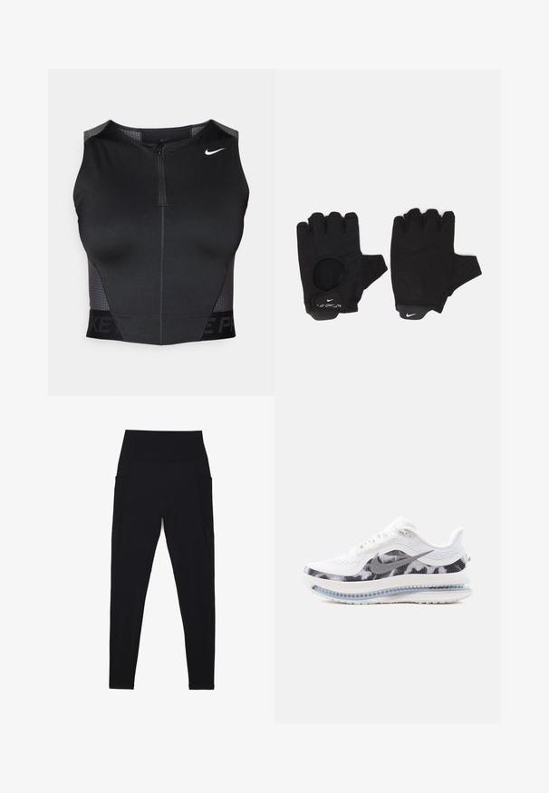 Haut court de sport noir avec fermeture éclair, panneaux texturés aux épaules et logo de marque imprimé. Confectionné en tissu extensible et respirant.; Leggings noirs avec une taille haute côtelée, un design sans coutures, des poches latérales et une texture lisse sur toute la surface.; Chaussure de sport Nike blanche et grise avec tige en mesh, semelle intermédiaire à motifs et coussin d'air visible dans la semelle, vue de profil.; Gants sans doigts noirs avec un design texturé. Fabriqués en matériau respirant, dotés d'un trou pour le pouce et d'une paume renforcée pour une meilleure prise.