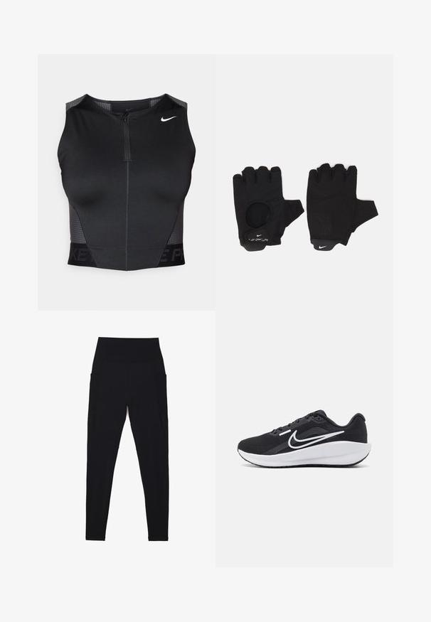 Haut court de sport noir avec fermeture éclair, panneaux texturés aux épaules et logo de marque imprimé. Confectionné en tissu extensible et respirant.; Leggings noirs avec une taille haute côtelée, un design sans coutures, des poches latérales et une texture lisse sur toute la surface.; Chaussure de sport noire avec une tige en maille, accents blancs, semelle rembourrée et un design épuré. Caractérisée par un bout arrondi et une semelle extérieure plate.; Gants sans doigts noirs avec un design texturé. Fabriqués en matériau respirant, dotés d'un trou pour le pouce et d'une paume renforcée pour une meilleure prise.