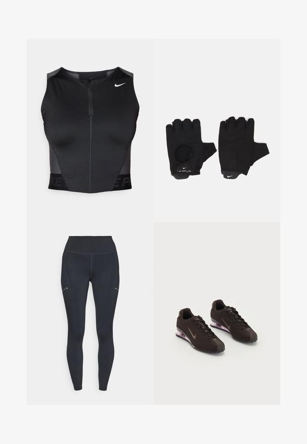 Haut court de sport noir avec fermeture éclair, panneaux texturés aux épaules et logo de marque imprimé. Confectionné en tissu extensible et respirant.; Leggings noirs avec une taille haute, fabriquées dans un matériau extensible, présentant des détails de couture subtils et de petites découpes sur la cuisse supérieure.; Baskets de sport noires avec une tige texturée, des accents marron et une semelle à coussin d'air violette. Design à lacets avec une marque bien visible.; Gants sans doigts noirs avec un design texturé. Fabriqués en matériau respirant, dotés d'un trou pour le pouce et d'une paume renforcée pour une meilleure prise.