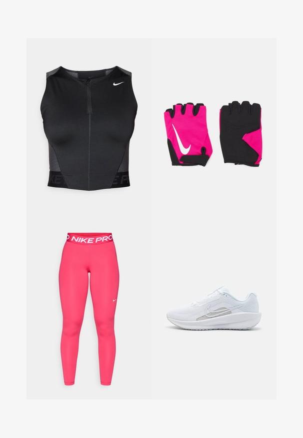 Top deportivo negro corto con cierre de cremallera, paneles texturizados en los hombros y logo de la marca impreso. Confeccionado con tela elástica y transpirable.; Leggings Nike Pro en color rosa con una amplia cinturilla elástica que presenta el texto blanco "NIKE PRO" y un pequeño logo blanco en el muslo izquierdo.; Zapatilla deportiva blanca con parte superior de malla, punta redondeada y suela texturizada. Presenta un swoosh de Nike plateado y un diseño minimalista.; Guantes cortos de color rosa con acentos negros, que presentan un logo blanco de Nike, palmas acolchadas y diseño sin dedos para mejorar el agarre y la flexibilidad.