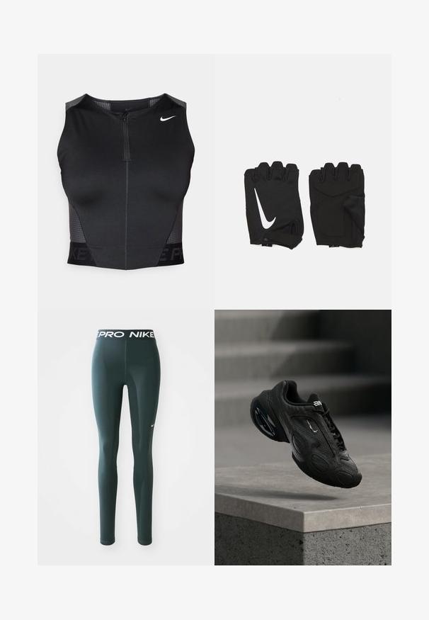 Μαύρο αθλητικό crop top με φερμουάρ, υφασμάτινες λεπτομέρειες στους ώμους και τυπωμένο λογότυπο της μάρκας. Κατασκευασμένο από ελαστικό, αναπνέον ύφασμα.; Σκούρα πράσινα κολάν από ελαστικό υλικό, με φαρδιά μέση που έχει το λογότυπο "PRO NIKE" και μια μικρή λευκή σούστας της Nike στο πλάι.; Μαύρο αθλητικό παπούτσι με υφασμένο δερμάτινο άνω μέρος, έντονο λογότυπο και μαξιλαρωμένη σόλα. Διαθέτει αφηρημένα σχέδια και ομαλές, στρογγυλεμένες λεπτομέρειες.; Μαύρα γάντια γυμναστικής χωρίς δάχτυλα κατασκευασμένα από αναπνεύσιμο ύφασμα, με λευκό λογότυπο Nike, μαξιλαρωμένα παλάμες και ανοιχτό σχέδιο καρπού για ευελιξία.