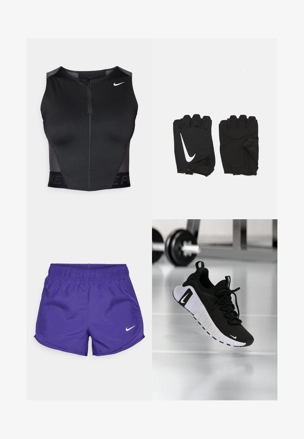 Zwarte atletische crop top met ritssluiting, gestructureerde schouderpanelen en een bedrukt merklogo. Gemaakt van rekbare, ademende stof.; Paarse sportshorts van gladde stof, met een elastische tailleband en een wit Nike-logo aan de onderkant aan de rechterkant.; Zwarte sportschoen met een textuurstof bovenwerk, witte zool en een opvallend vetersysteem. Voorzien van een Nike-logo en een zacht, gedempt ontwerp.; Zwarte vingerloze fitnesshandschoenen van ademend materiaal, met een wit Nike-logo, gevoerde handpalmen en een open polsontwerp voor flexibiliteit.