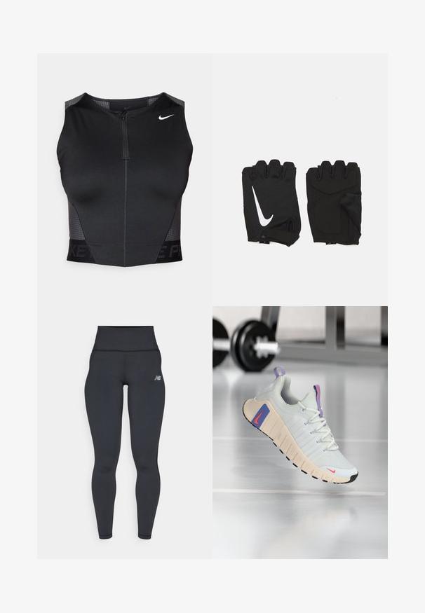 Čierny atletický crop top so zipsovým zapínaním, textúrovanými panelmi na ramenách a potlačeným logom značky. Vyrobený z elastickej, priedušnej tkaniny.; Čierne vysoké športové legíny s priliehavým strihom, hladkou textúrou a malým bielym logom na ľavom boku.; Tenisky s Ľahko šedým sieťovaným zvrškom, polstrovaným golierom a textúrovanou krémovou podrážkou. Obsahujú ružové a modré akcenty a čierny gumový dezén.; Čierne bezprstové fitness rukavice vyrobené z priedušnej tkaniny, s bielym logom Nike, polstrovanými dlaniami a otvoreným dizajnom zápästia pre flexibilitu.