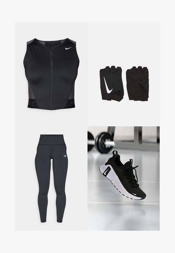 Top deportivo negro corto con cierre de cremallera, paneles texturizados en los hombros y logo de la marca impreso. Confeccionado con tela elástica y transpirable.; Leggings atléticos negros de cintura alta con un diseño ajustado, textura suave y un pequeño logo blanco en la cadera izquierda.; Zapatilla deportiva negra con parte superior de tela texturizada, suela blanca y sistema de cordones prominente. Presenta un logo de Nike y un diseño suave y acolchado.; Guantes de gimnasio sin dedos en color negro, hechos de un tejido transpirable, con un logo de Nike blanco, palmas acolchadas y un diseño de muñeca abierta para mayor flexibilidad.