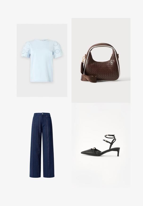 Vaaleansininen lyhythihainen paita, jossa on pyöreä pääntie ja silmäkuviolliset pitsipörröhihat, joissa on pyöreitä kukkakuvioita.; Tumman siniset, leveälahkeiset denimhousut, joissa on pystysuorat raitakuviot punaisena ja valkoisena. Muotoiltu etupainikkeella ja lantiotaskuilla.; Mustat nahkaiset slingback-korkokengät, joissa on terävä nilkkapanta, ohut nilkkaremmimalli, kultaiset korostukset ja kapea korko. Tasainen tekstuuri ja minimalistinen muotoilu.; Ruskea kudottu nahkainen käsilaukku, jossa valkoinen reunaviiva, kultainen vetoketju ja irrotettava ruskea kangasolkaimen hihna.