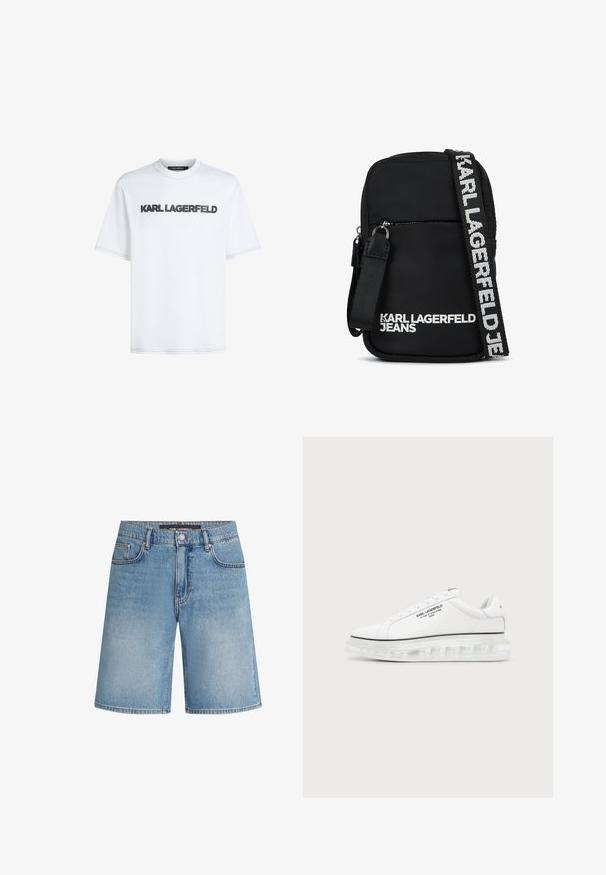 Camiseta de algodón blanca con escote redondo. Presenta el texto bordado en negro "KARL LAGERFELD" en la parte frontal y mangas cortas.; Shorts de mezclilla en azul claro, con un corte clásico, cinco bolsillos y costuras en contraste. Terminado con una cinturilla estándar y cierre de botón.; Zapatilla blanca Karl Lagerfeld con logotipo de texto negro y suela gruesa transparente sobre un fondo claro liso.; Bolso cruzado de tela negra con forma rectangular, que cuenta con un bolsillo frontal con cremallera y una bandolera con logo en blanco en contraste.