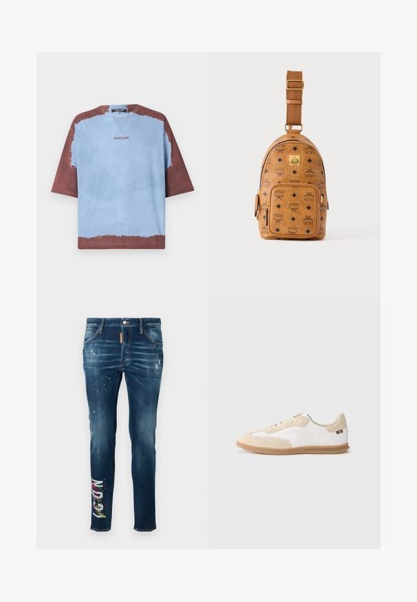 T-shirt à manches courtes et col rond avec un centre bleu clair, des manches et des bordures marron, et le texte « roberto cavalli » centré sur la poitrine.; Jean en denim bleu à coupe slim, avec des éclaboussures de peinture et un texte graphique coloré sur la jambe gauche. Couture contrastée le long des coutures.; Baskets blanches avec accents en daim beige clair, détails perforés, lacets plats et semelle en caoutchouc naturel. Présentent un logo rayé sur le talon.; Petit sac bandoulière en cuir beige avec bandoulière réglable, poche zippée à l'avant et motif répété du logo noir MCM.