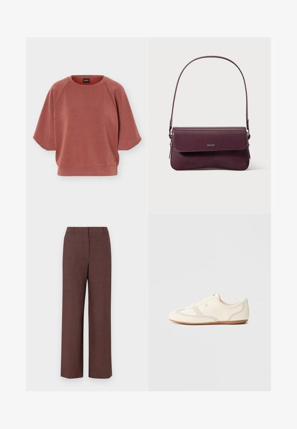 Støvet rosa kortærmet sweatshirt med rund hals, raglanærmer og ribbet kant, med en lille logo nær bundkanten.; Brune bredbensbukser lavet af tekstureret stof med en glat finish, med flad front, bæltesløjfer og sidelommer.; Sneakers i cremefarve med overdel i ruskind og stof, rundet tå og gummisål med beige detaljer. Snørelukning.; Bordeauxfarvet lædertaske med et struktureret design, der har en klaplukning og en justerbar rem. Logo detaljer præget på forsiden.