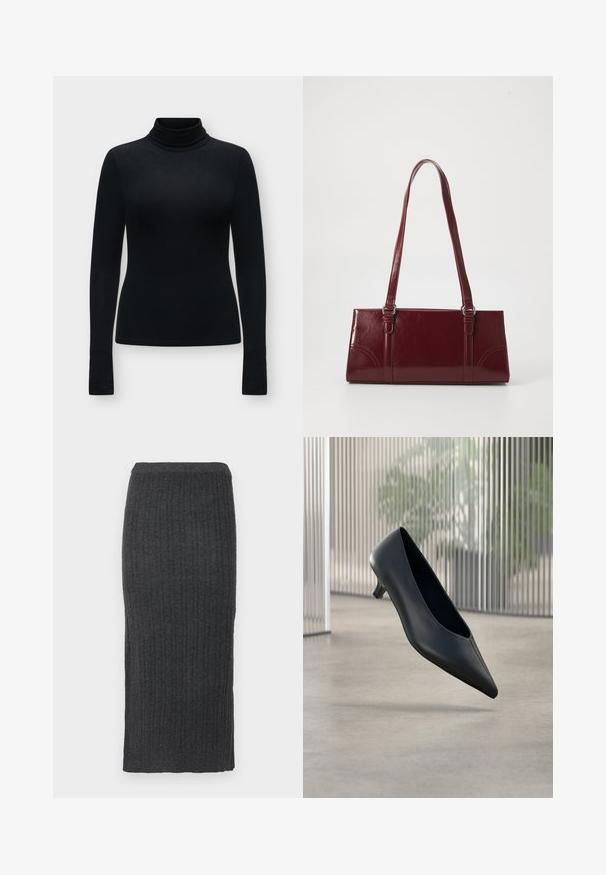 Jersey ajustado negro de manga larga y cuello alto, con textura suave y diseño sencillo, mostrado sobre un fondo gris claro.; Falda midi de punto acanalado en gris oscuro. Presenta una silueta ajustada y una cinturilla elástica. Confeccionada en un tejido suave y texturizado.; Zapato negro de tacón bajo y puntera puntiaguda que flota sobre un suelo de hormigón liso con paneles verticales translúcidos de fondo.; Bolso burdeos hecho de material brillante, de forma rectangular, con dos asas para el hombro y sutiles acentos curvados en la parte frontal.