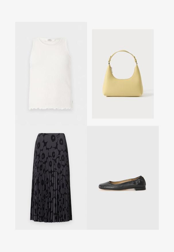 Sleeveless white ribbed knit tank top with round neckline and scalloped hem, label reading "Mads Nørgaard Copenhagen" at back neck.; Black pleated skirt with a floral pattern, made from lightweight fabric; features vertical stripes and an elastic waistband.; Black leather ballet flats with a rounded toe and minimal stitching. Low, rectangular heel and smooth texture. Subtle interior lining detail.; Yellow leather handbag with a curved silhouette, short adjustable strap, and a zippered compartment. Features a subtle logo on the front.
